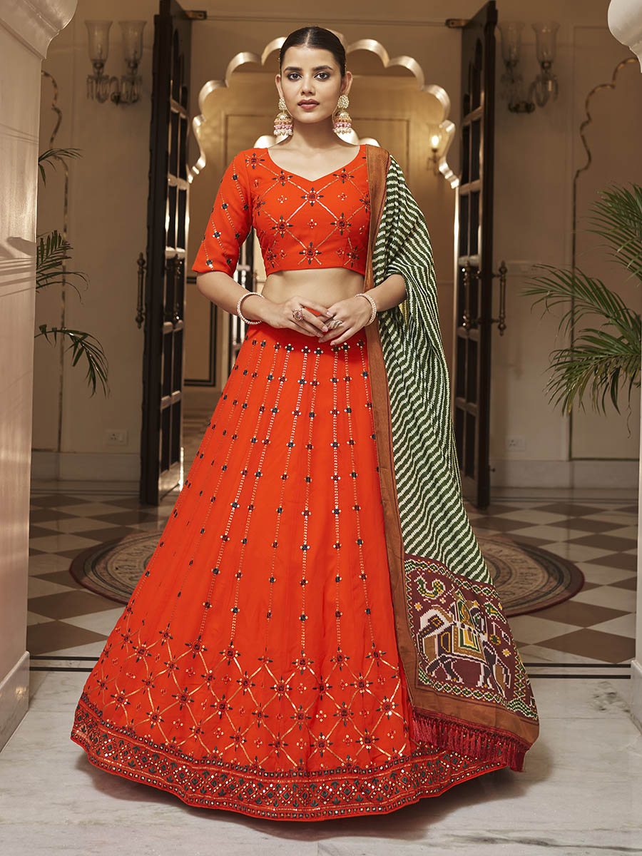 Myra Orange and green Georgette Designer Lehenga Choli | Grocsy
