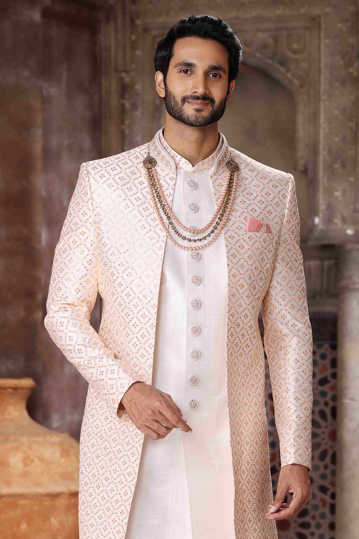Raivat Ethnic Art Silk Embroidery Work 3 Pcs Indo Jacket Set In Cream Colour | Grocsy