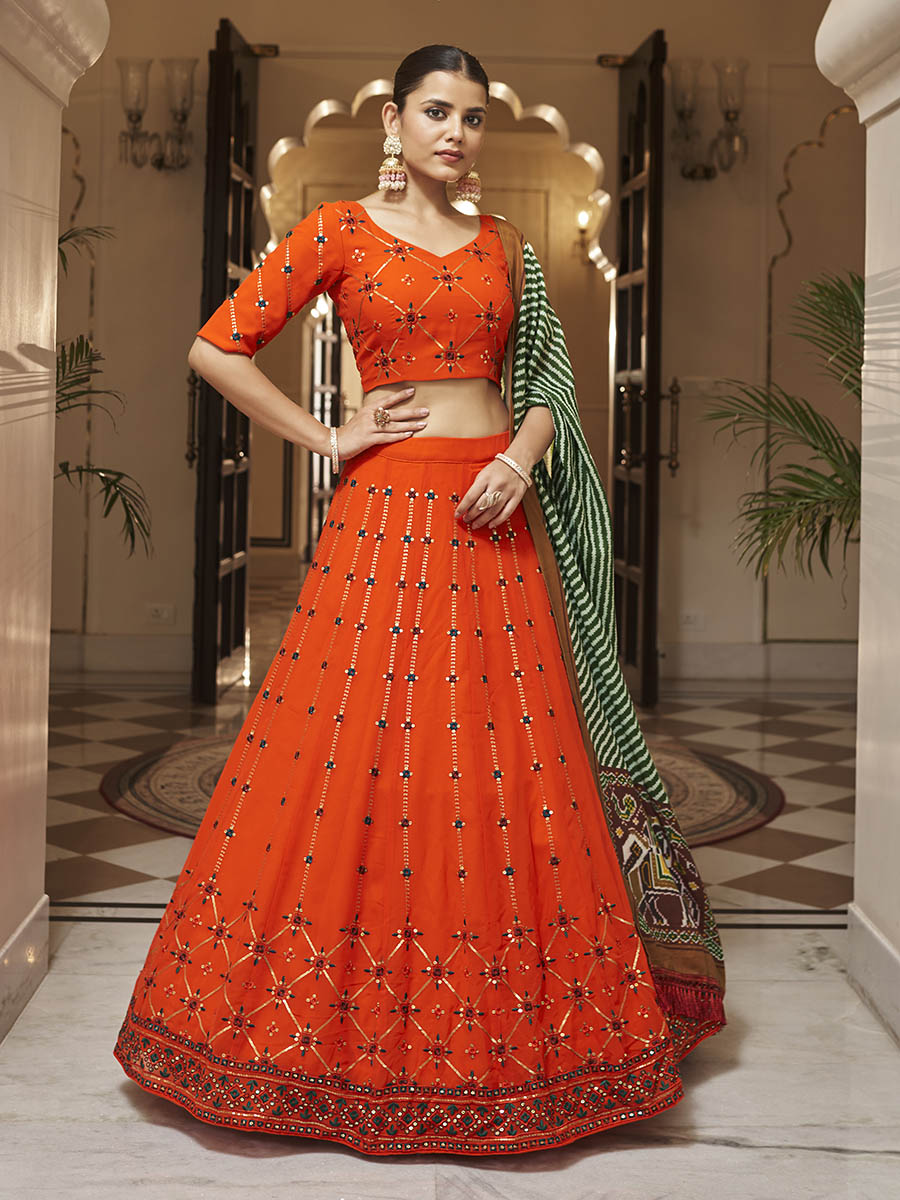 Myra Orange and green Georgette Designer Lehenga Choli | Grocsy