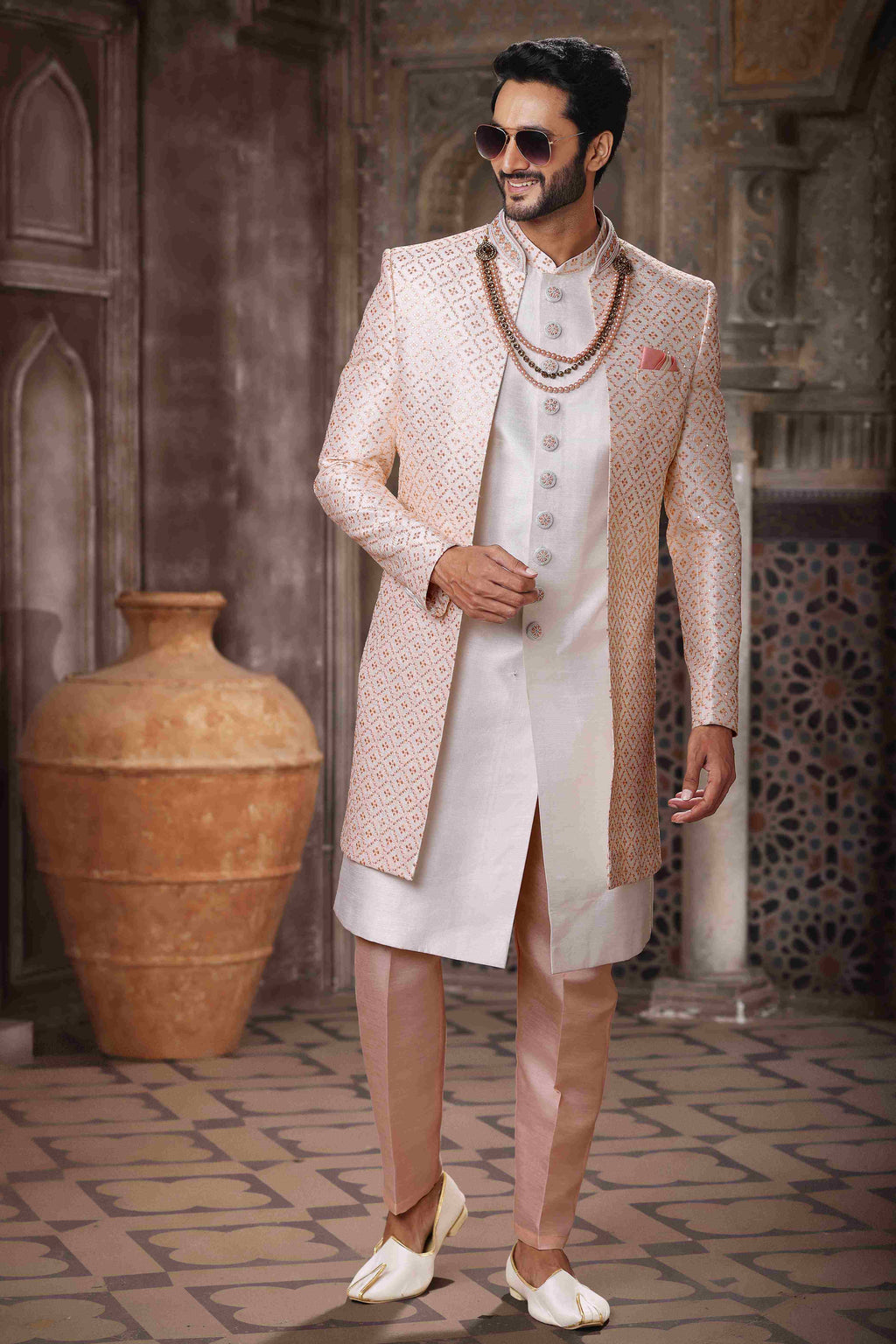 Raivat Ethnic Art Silk Embroidery Work 3 Pcs Indo Jacket Set In Cream Colour | Grocsy