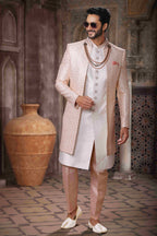 Raivat Ethnic Art Silk Embroidery Work 3 Pcs Indo Jacket Set In Cream Colour | Grocsy