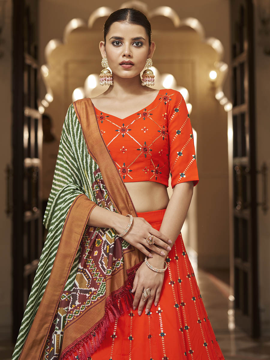Myra Orange and green Georgette Designer Lehenga Choli | Grocsy