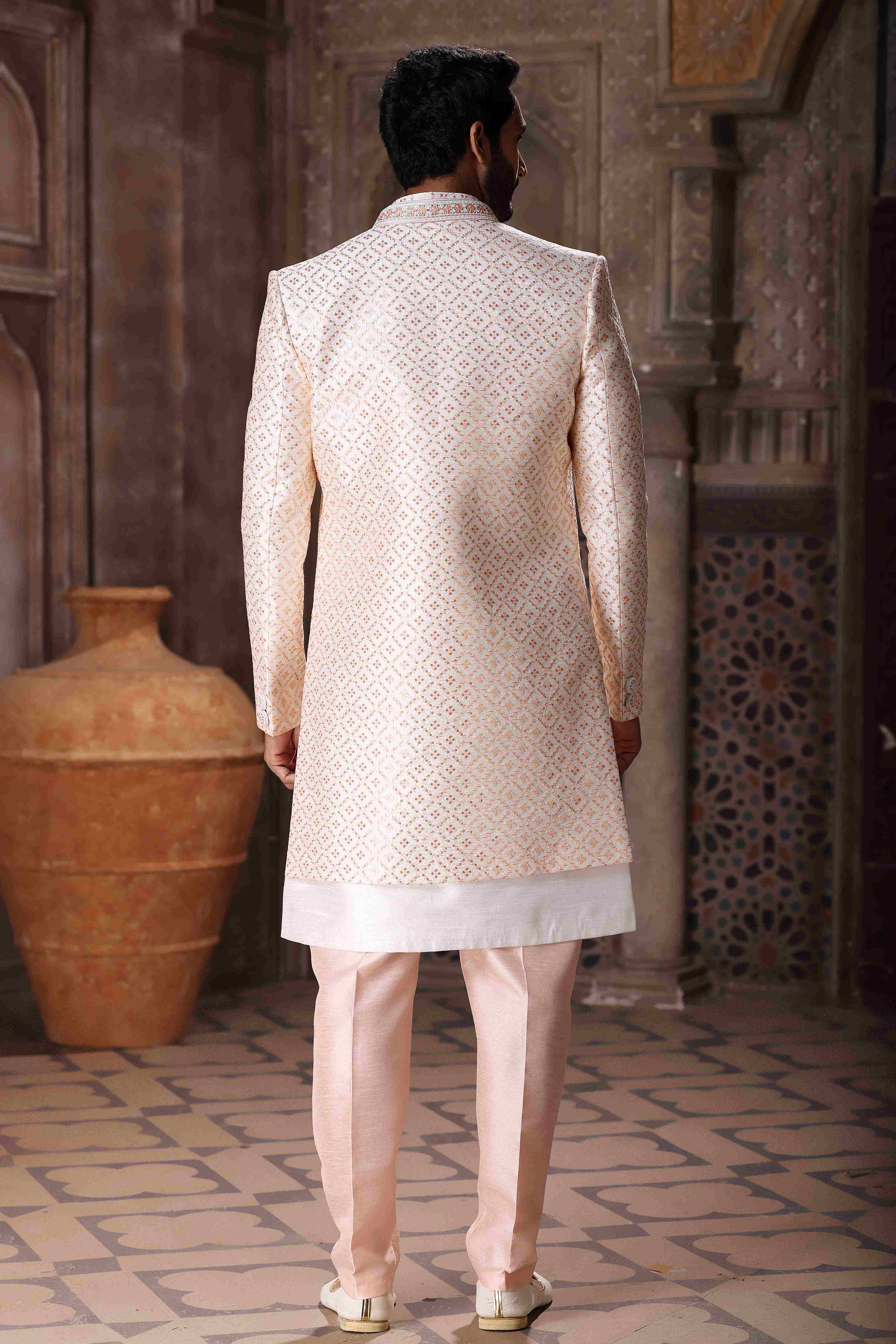 Raivat Ethnic Art Silk Embroidery Work 3 Pcs Indo Jacket Set In Cream Colour | Grocsy