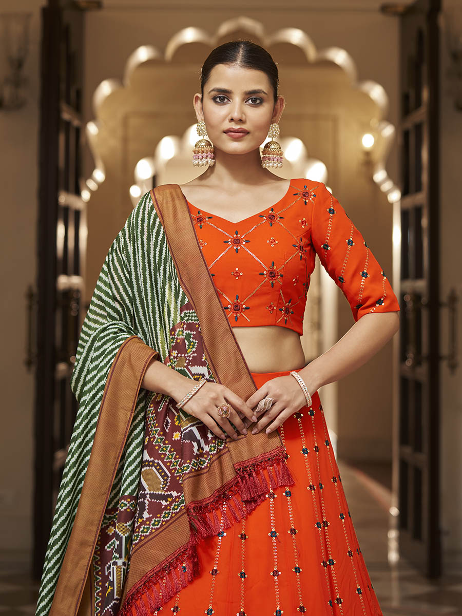 Myra Orange and green Georgette Designer Lehenga Choli | Grocsy
