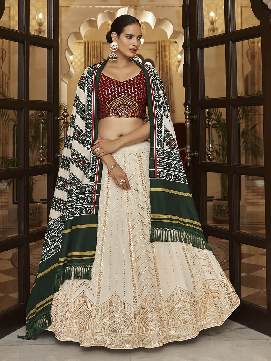 Myra Pearl White , Maroon and Green Georgette Designer Lehenga Choli | Grocsy