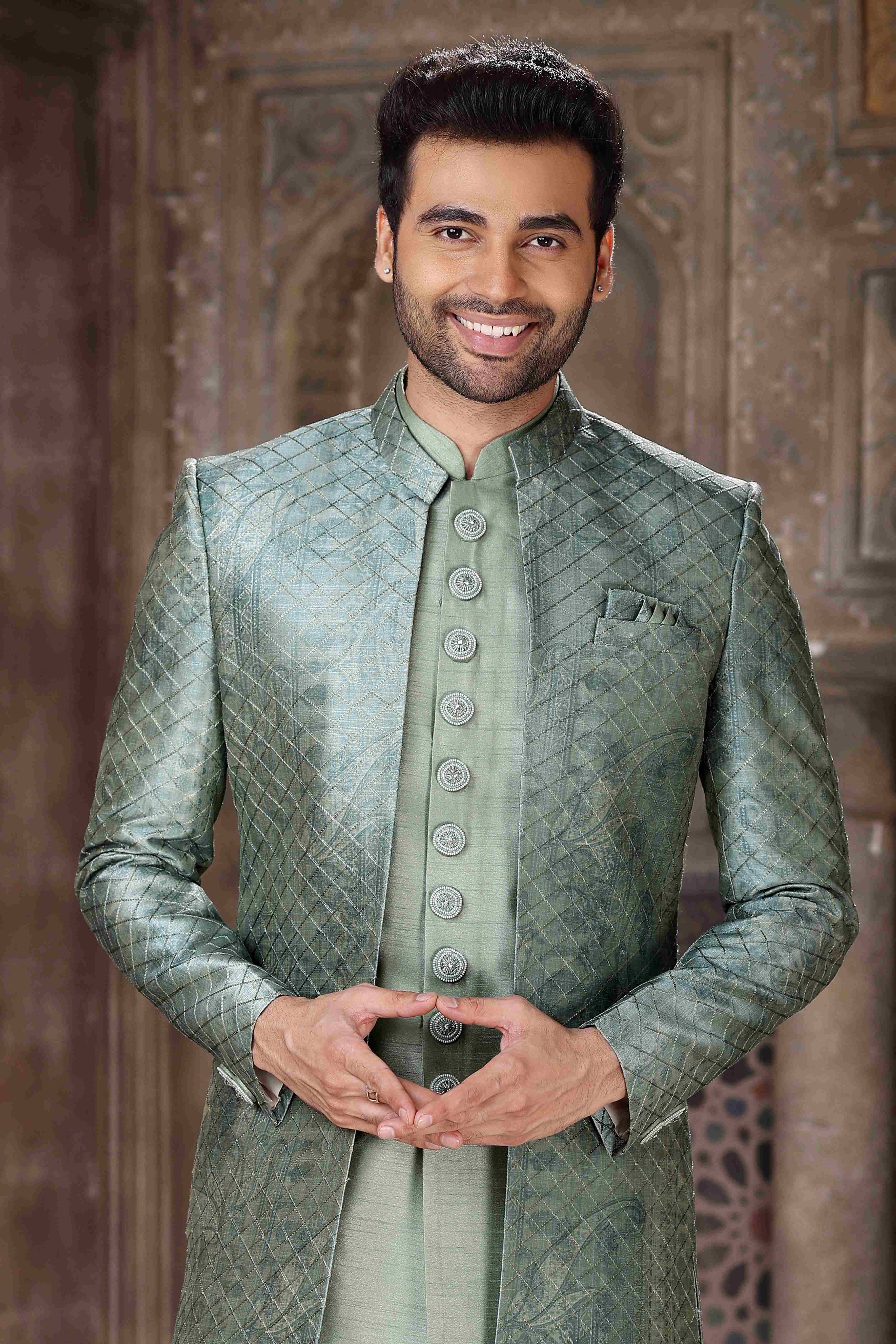 Raivat Ethnic Art Silk Embroidery Work 3 Pcs Indo Jacket Set In Green Colour | Grocsy