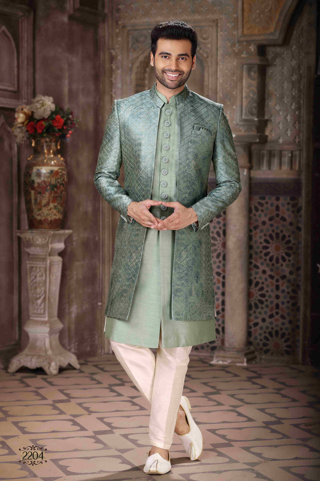Raivat Ethnic Art Silk Embroidery Work 3 Pcs Indo Jacket Set In Green Colour | Grocsy