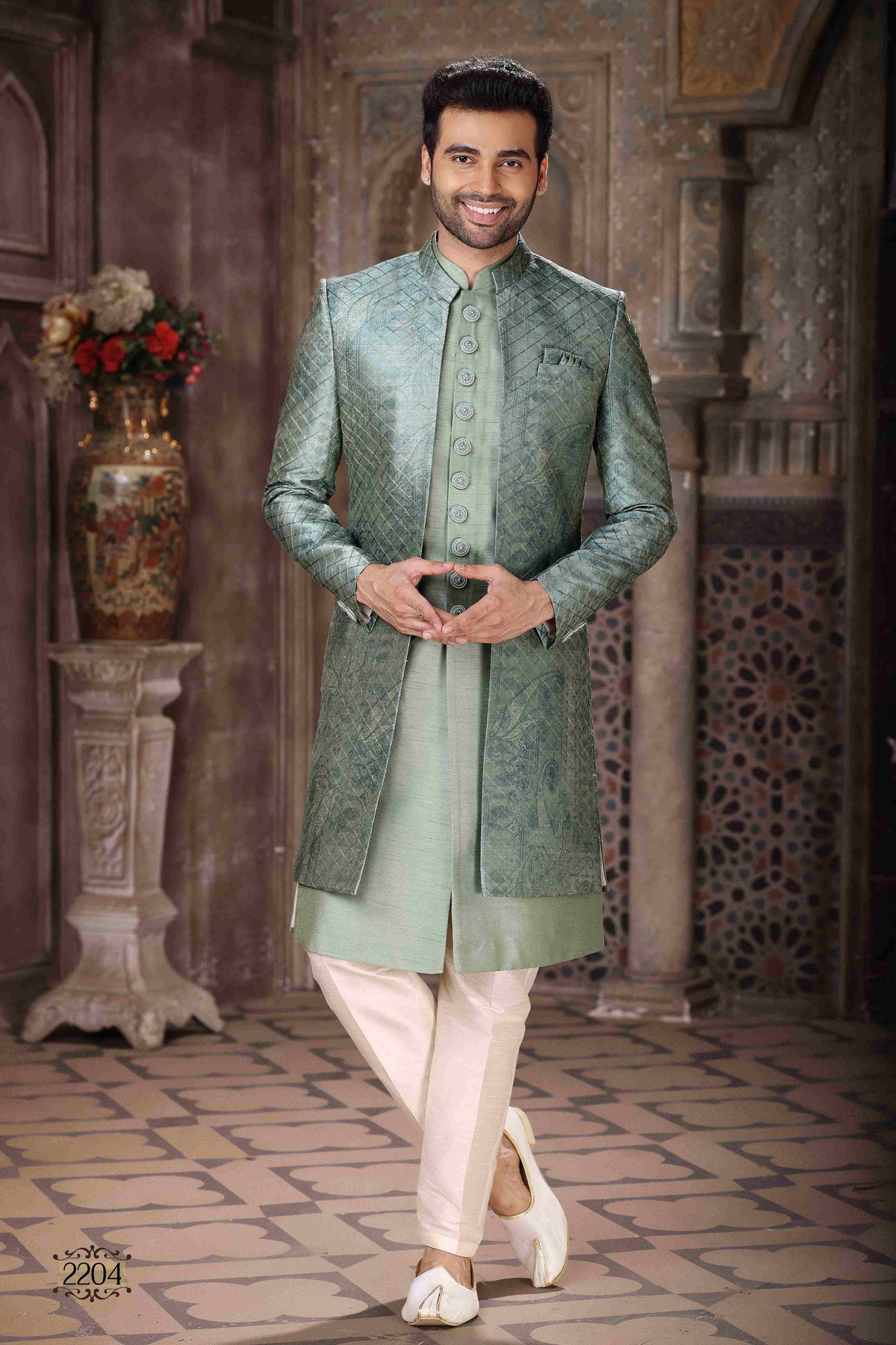 Raivat Ethnic Art Silk Embroidery Work 3 Pcs Indo Jacket Set In Green Colour | Grocsy