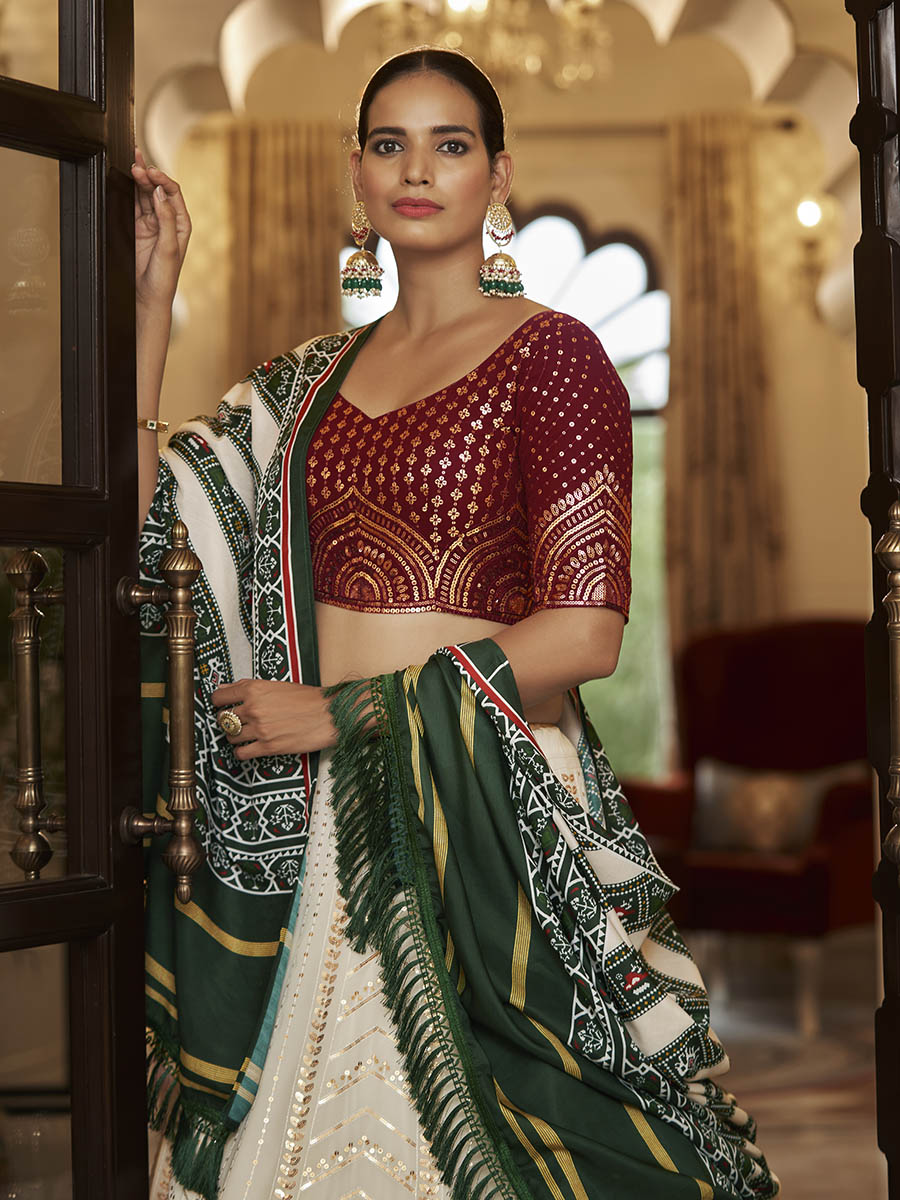 Myra Pearl White , Maroon and Green Georgette Designer Lehenga Choli | Grocsy
