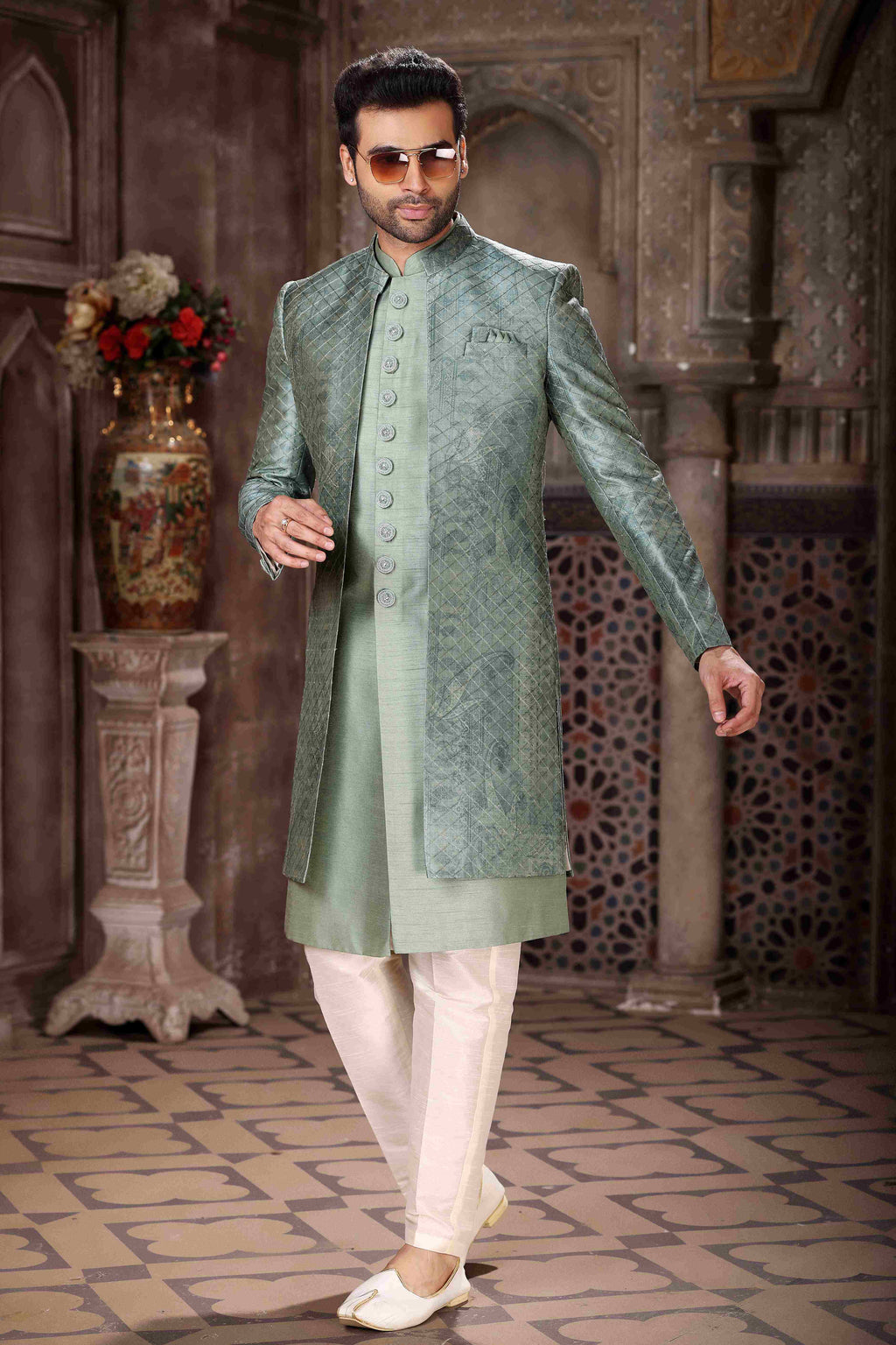 Raivat Ethnic Art Silk Embroidery Work 3 Pcs Indo Jacket Set In Green Colour | Grocsy