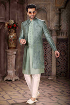 Raivat Ethnic Art Silk Embroidery Work 3 Pcs Indo Jacket Set In Green Colour | Grocsy