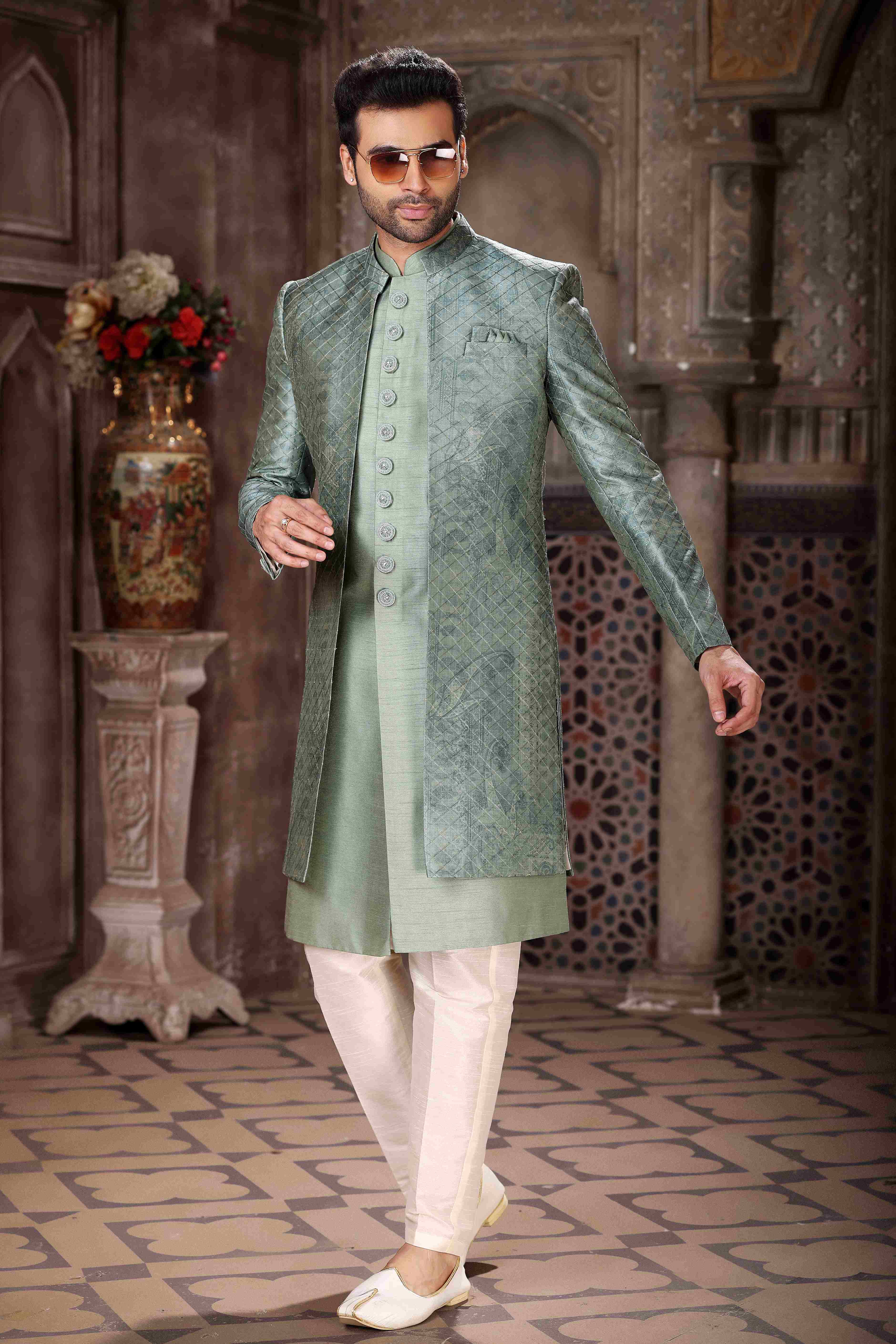 Raivat Ethnic Art Silk Embroidery Work 3 Pcs Indo Jacket Set In Green Colour | Grocsy