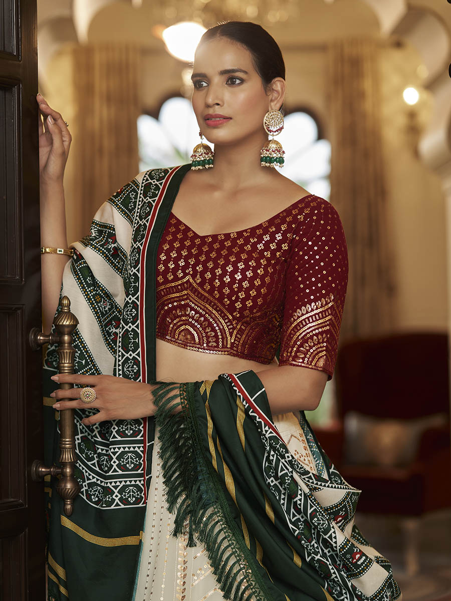 Myra Pearl White , Maroon and Green Georgette Designer Lehenga Choli | Grocsy