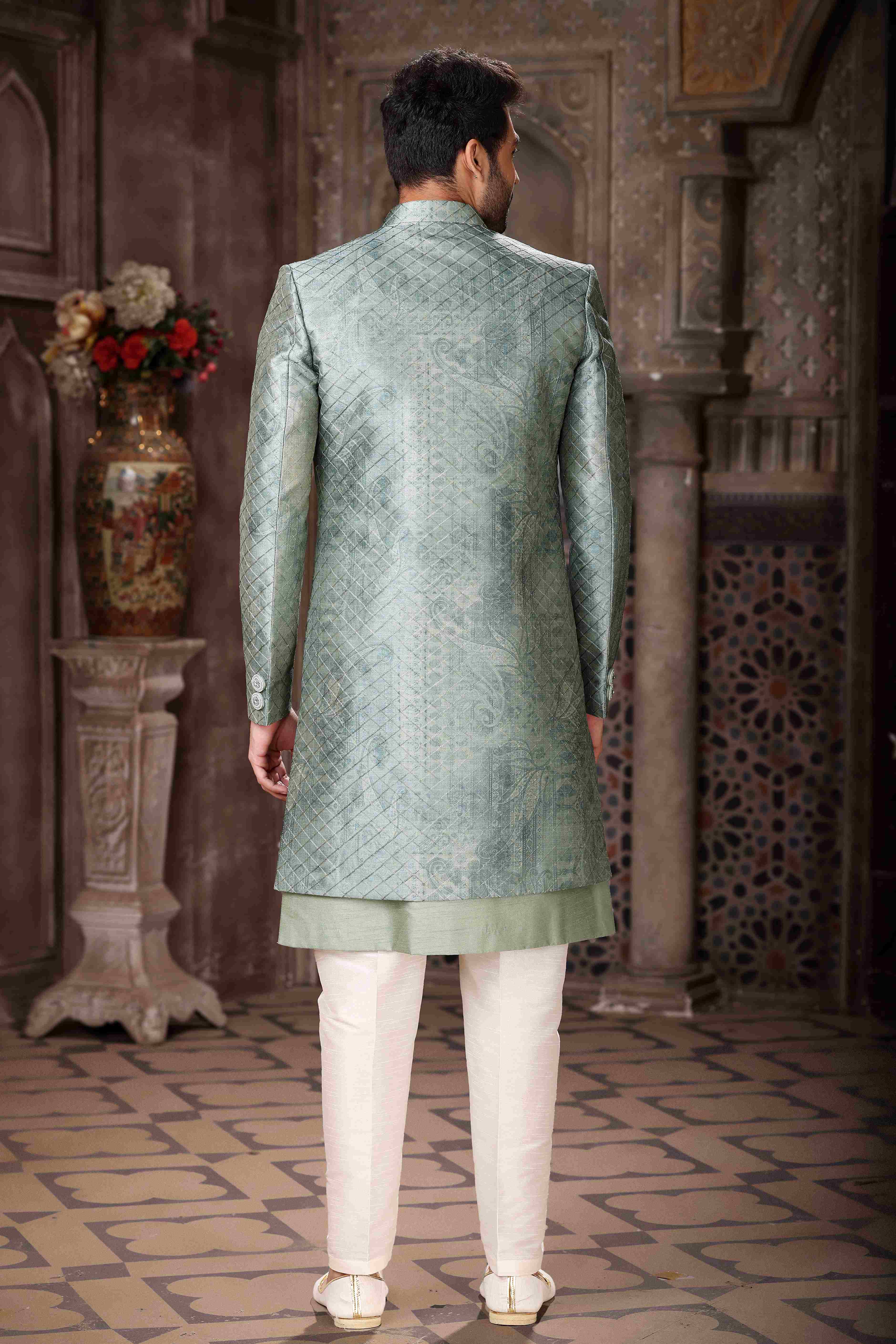 Raivat Ethnic Art Silk Embroidery Work 3 Pcs Indo Jacket Set In Green Colour | Grocsy