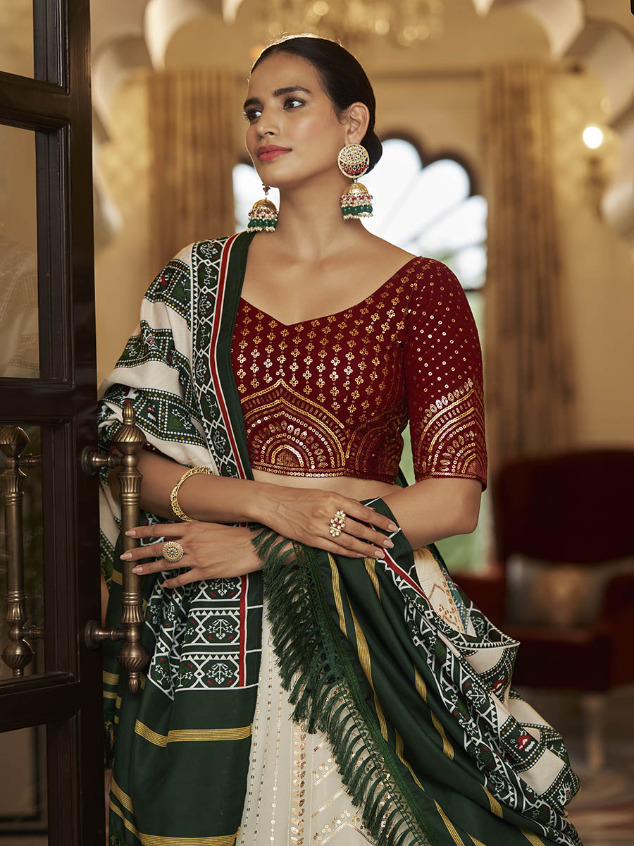 Myra Pearl White , Maroon and Green Georgette Designer Lehenga Choli | Grocsy