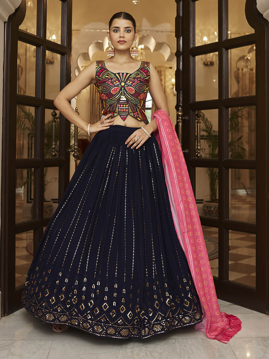 Myra Pink and Navy Blue Georgette Designer Lehenga Choli | Grocsy