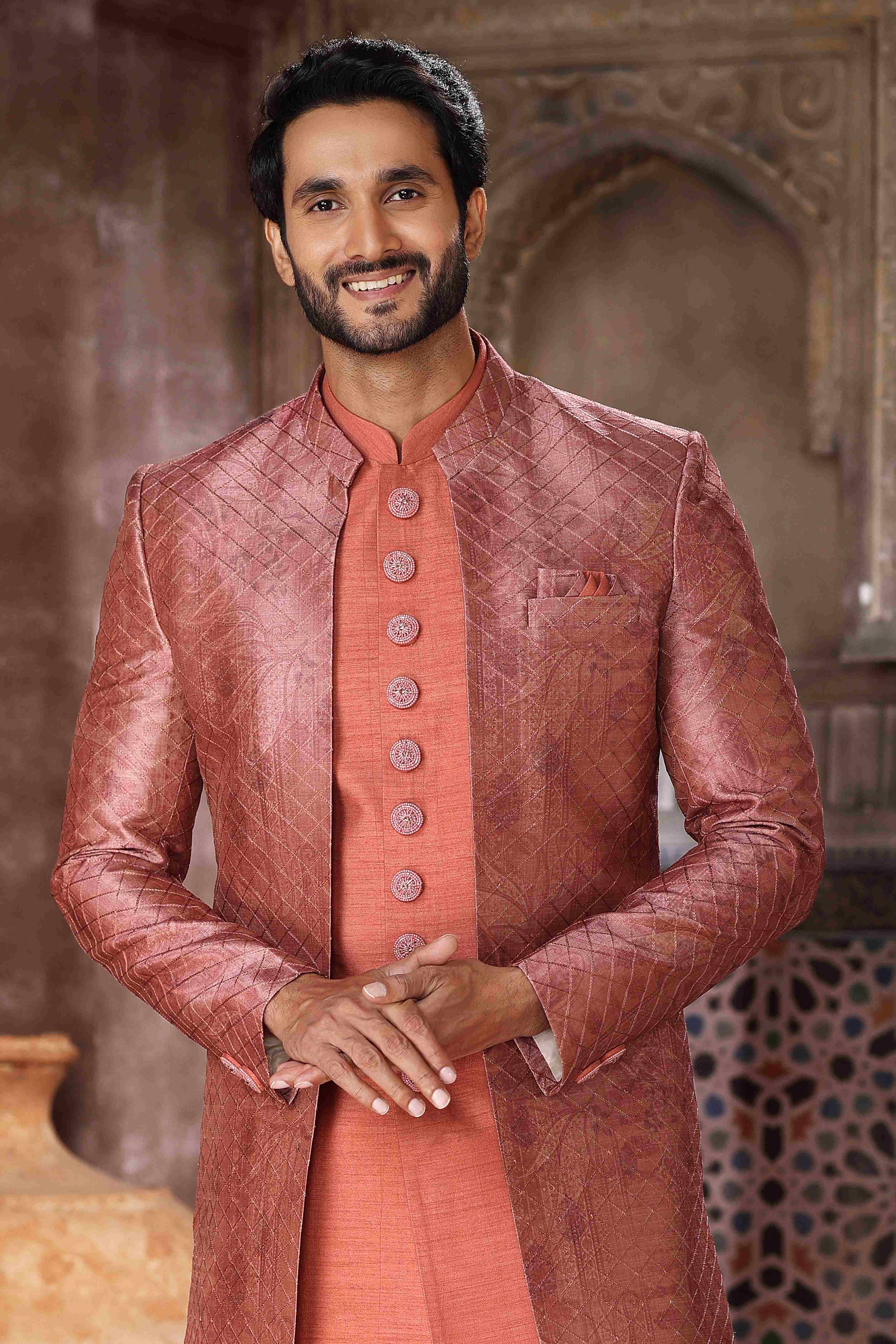 Raivat Ethnic Art Silk Embroidery Work 3 Pcs Indo Jacket Set In Brown Orange Colour | Grocsy