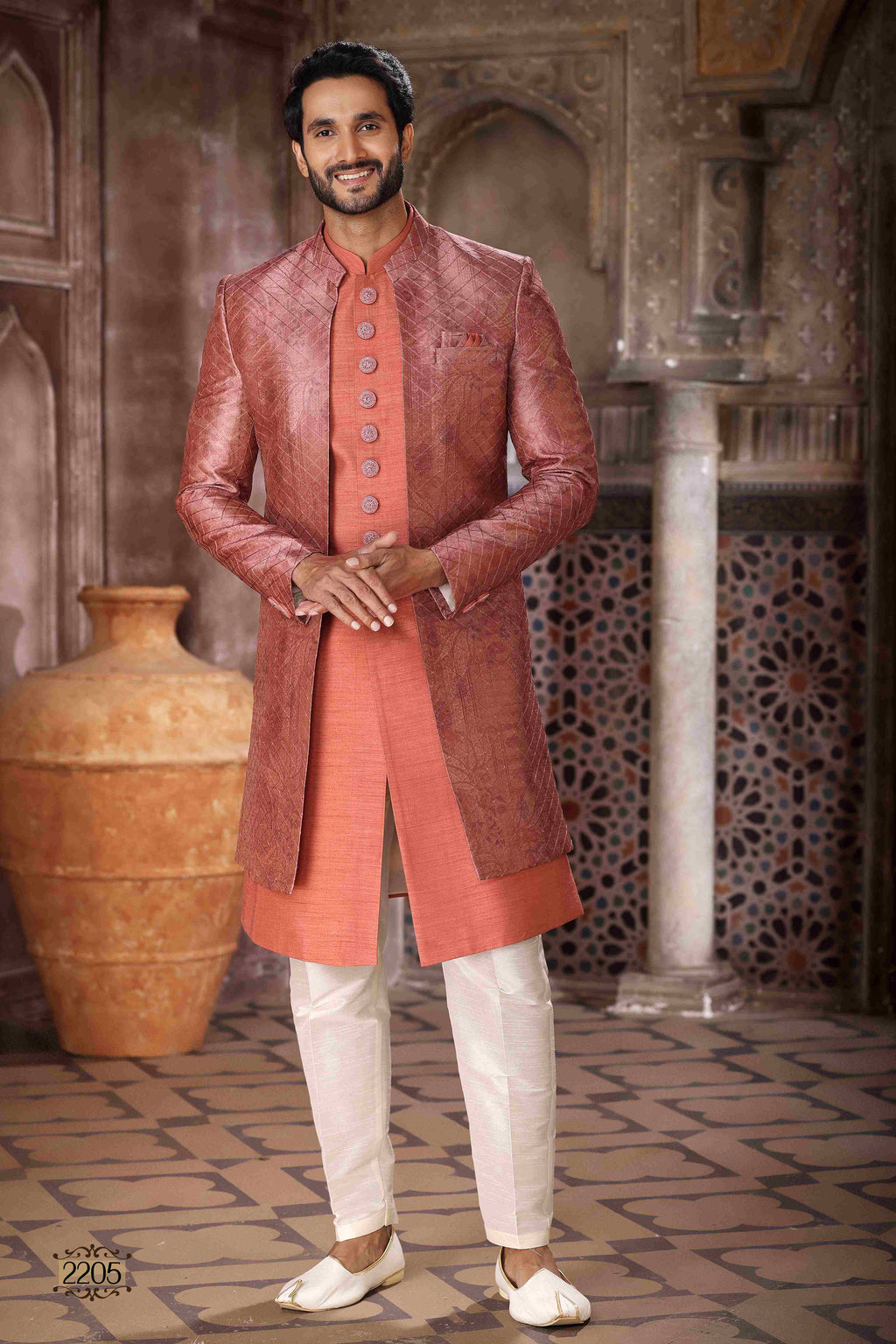 Raivat Ethnic Art Silk Embroidery Work 3 Pcs Indo Jacket Set In Brown Orange Colour | Grocsy