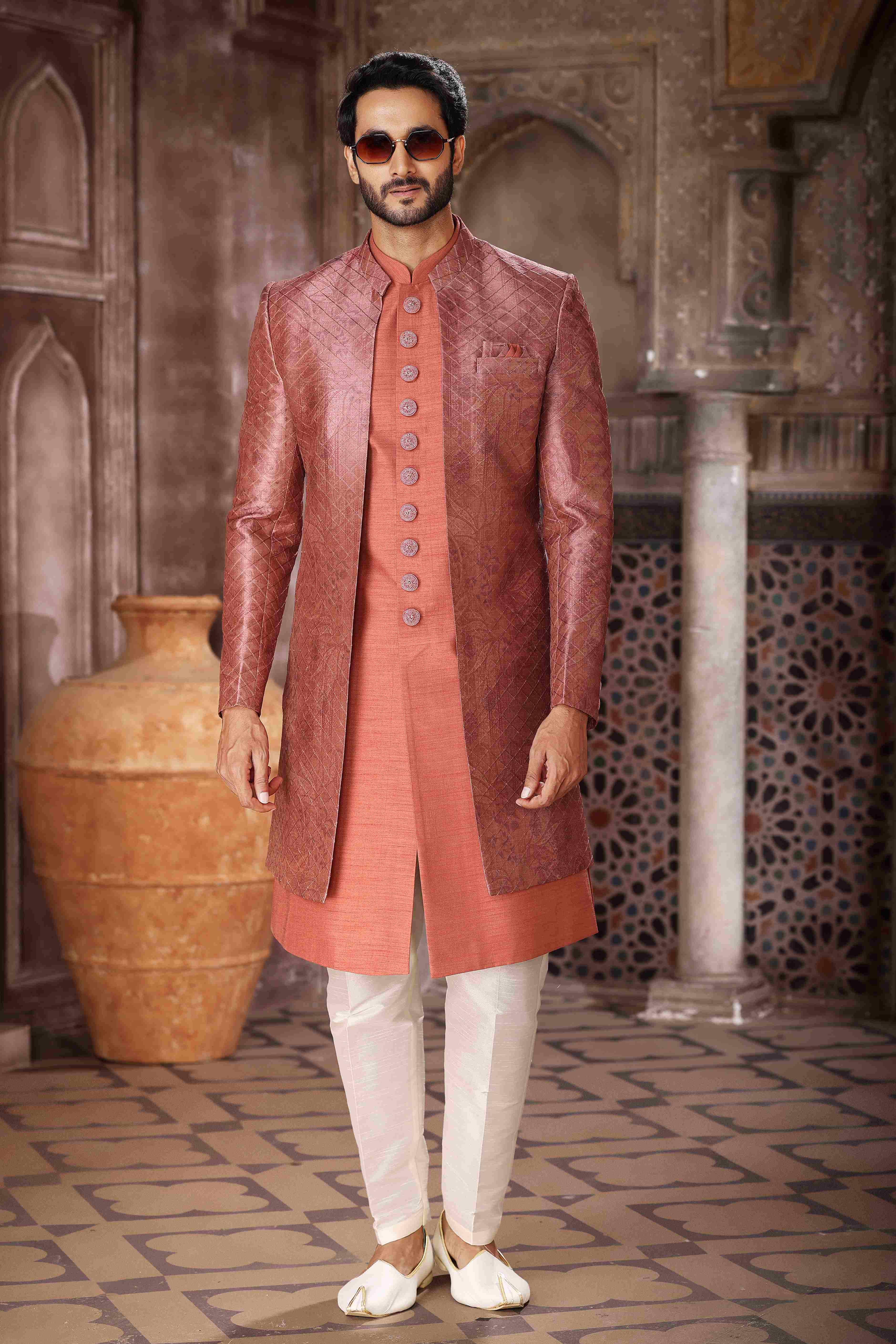 Raivat Ethnic Art Silk Embroidery Work 3 Pcs Indo Jacket Set In Brown Orange Colour | Grocsy
