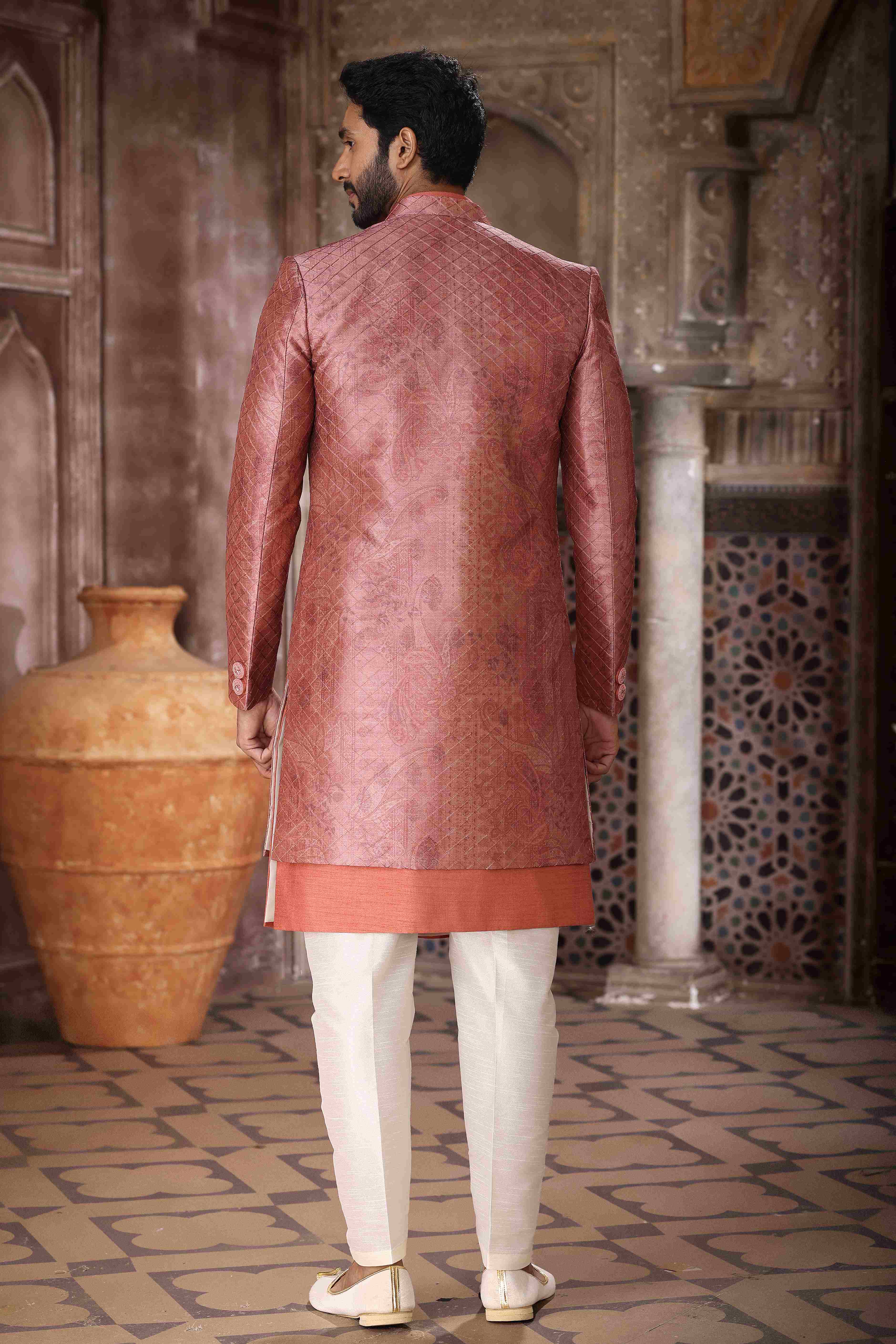 Raivat Ethnic Art Silk Embroidery Work 3 Pcs Indo Jacket Set In Brown Orange Colour | Grocsy