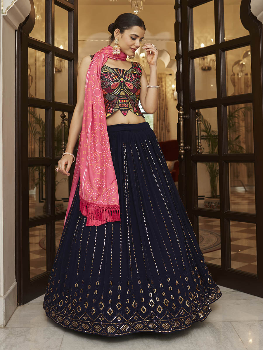 Myra Pink and Navy Blue Georgette Designer Lehenga Choli | Grocsy