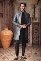 Raivat Ethnic Art Silk Embroidery Work 3 Pcs Indo Jacket Set In Grey Black Colour | Grocsy