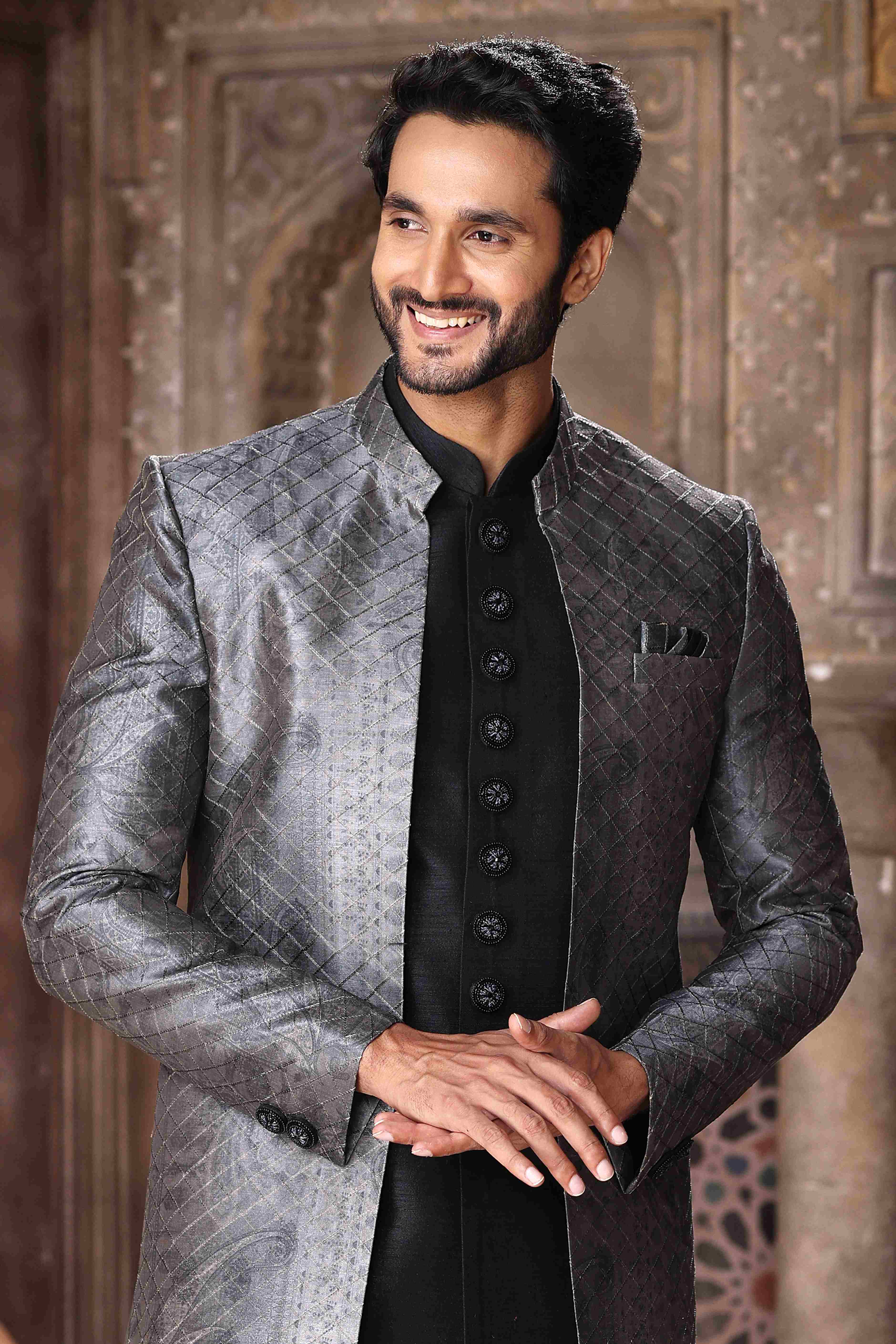 Raivat Ethnic Art Silk Embroidery Work 3 Pcs Indo Jacket Set In Grey Black Colour | Grocsy