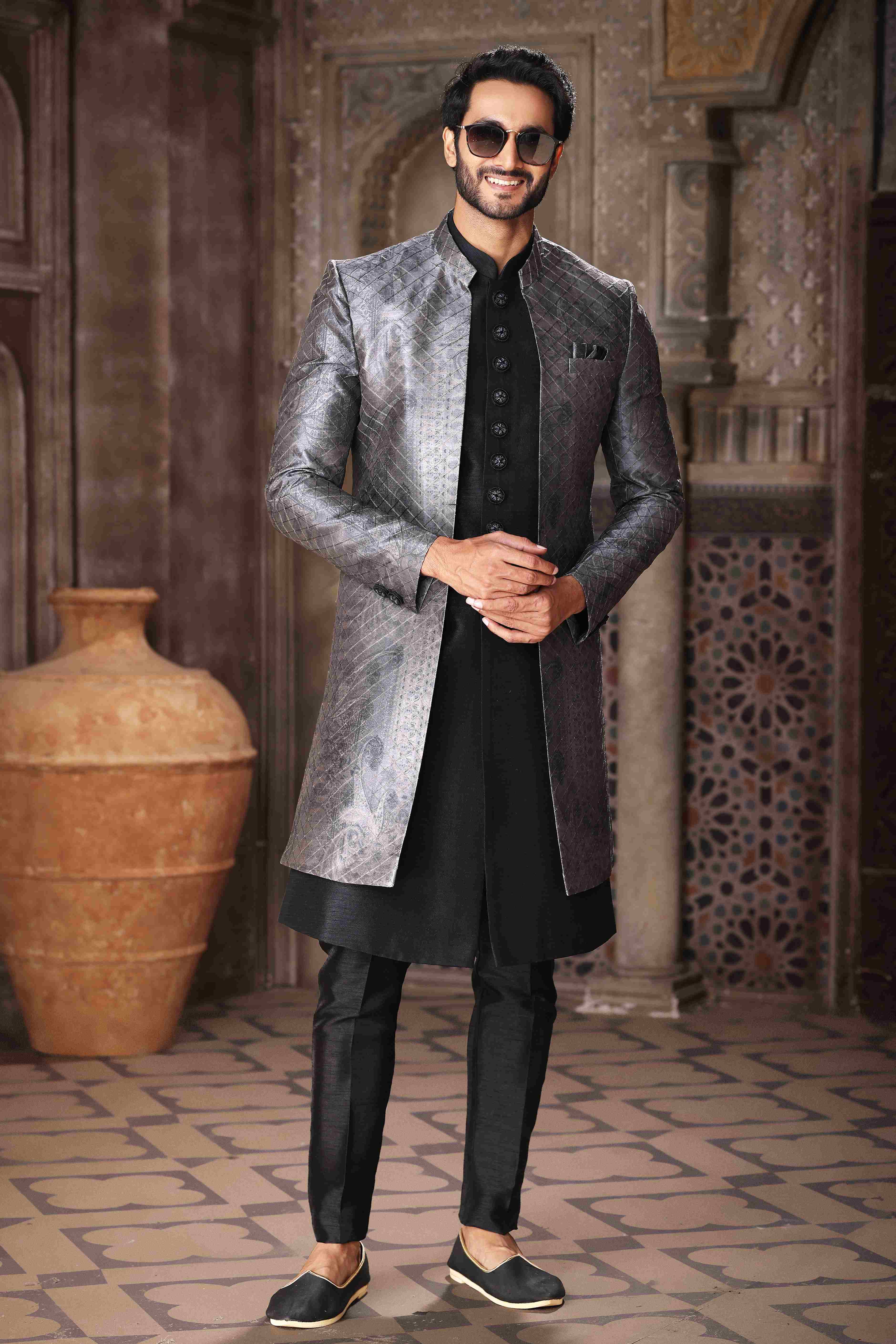 Raivat Ethnic Art Silk Embroidery Work 3 Pcs Indo Jacket Set In Grey Black Colour | Grocsy