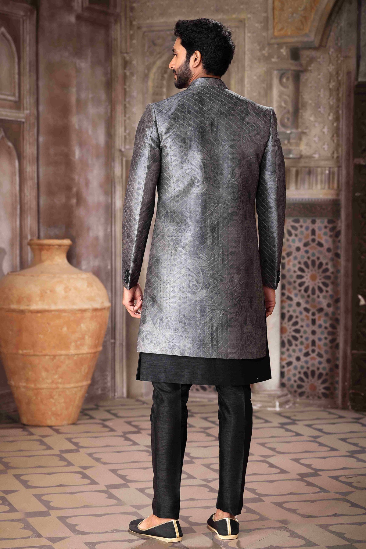 Raivat Ethnic Art Silk Embroidery Work 3 Pcs Indo Jacket Set In Grey Black Colour | Grocsy