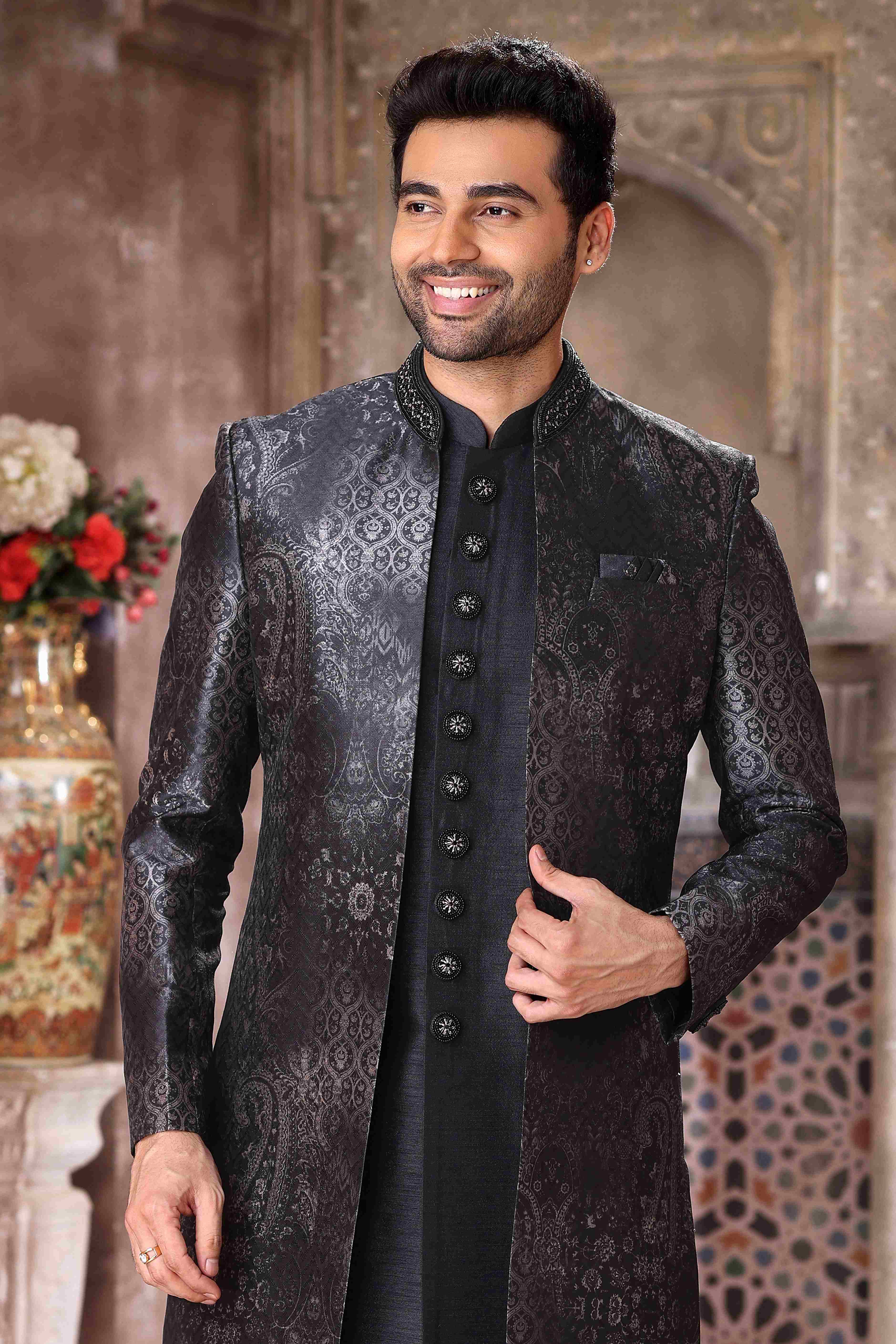 Raivat Ethnic Art Silk Embroidery Work 3 Pcs Indo Jacket Set In Black Colour | Grocsy