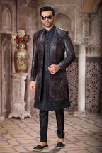 Raivat Ethnic Art Silk Embroidery Work 3 Pcs Indo Jacket Set In Black Colour | Grocsy