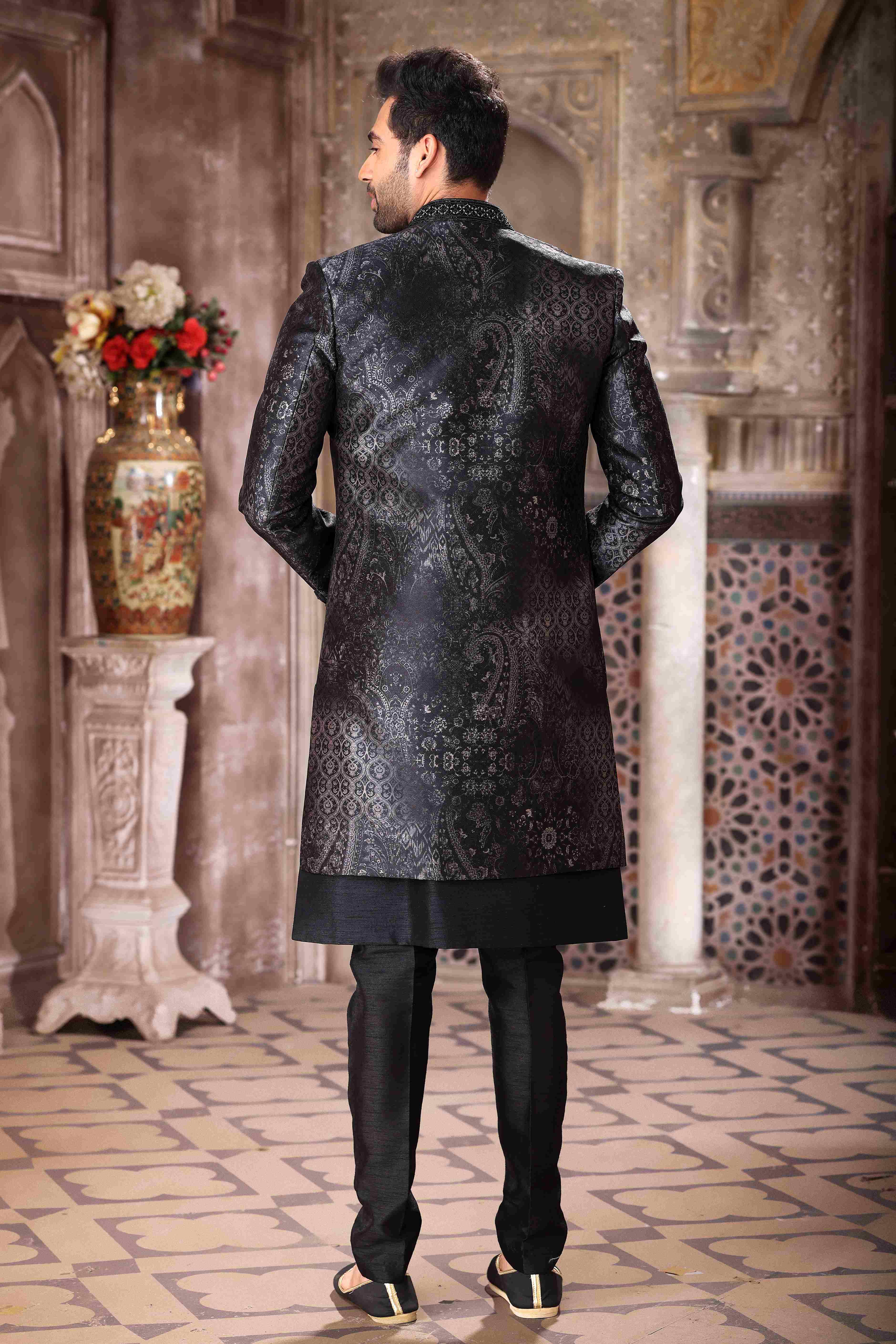 Raivat Ethnic Art Silk Embroidery Work 3 Pcs Indo Jacket Set In Black Colour | Grocsy