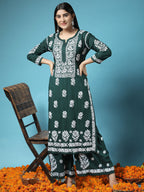 HOUSE OF KARI Women Green Floral Embroidered Chikankari Kurta with Palazzos | Grocsy