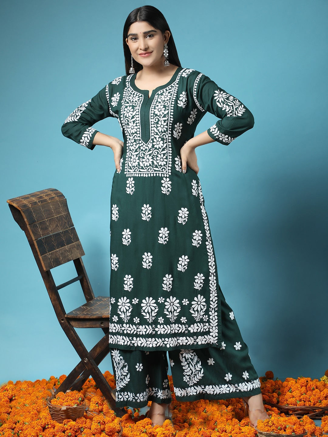 HOUSE OF KARI Women Green Floral Embroidered Chikankari Kurta with Palazzos | Grocsy