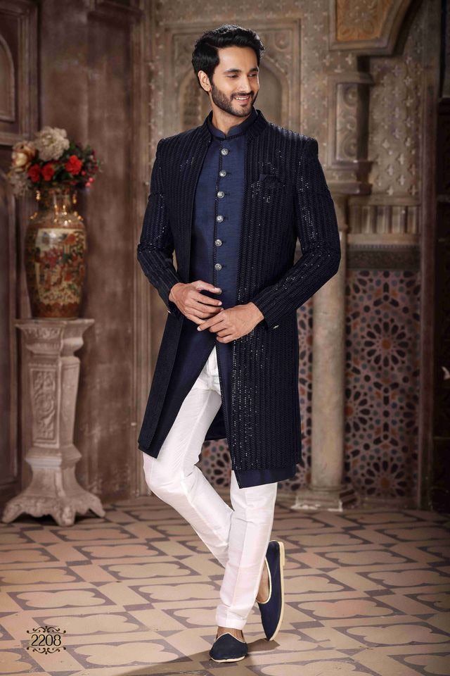 Raivat Ethnic Velvet and Art Silk Embroidery Work 3 Pcs Indo Jacket Set In Blue Colour | Grocsy