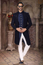 Raivat Ethnic Velvet and Art Silk Embroidery Work 3 Pcs Indo Jacket Set In Blue Colour | Grocsy