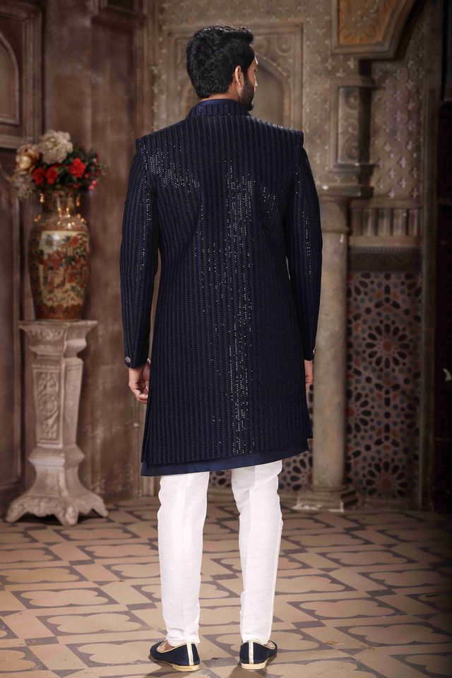 Raivat Ethnic Velvet and Art Silk Embroidery Work 3 Pcs Indo Jacket Set In Blue Colour | Grocsy