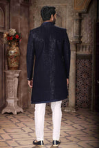 Raivat Ethnic Velvet and Art Silk Embroidery Work 3 Pcs Indo Jacket Set In Blue Colour | Grocsy