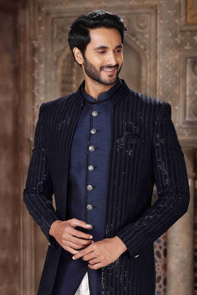 Raivat Ethnic Velvet and Art Silk Embroidery Work 3 Pcs Indo Jacket Set In Blue Colour | Grocsy