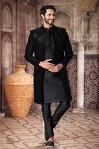 Raivat Ethnic Velvet and Art Silk Embroidery Work 3 Pcs Indo Jacket Set In Black Colour | Grocsy