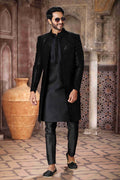 Raivat Ethnic Velvet and Art Silk Embroidery Work 3 Pcs Indo Jacket Set In Black Colour | Grocsy