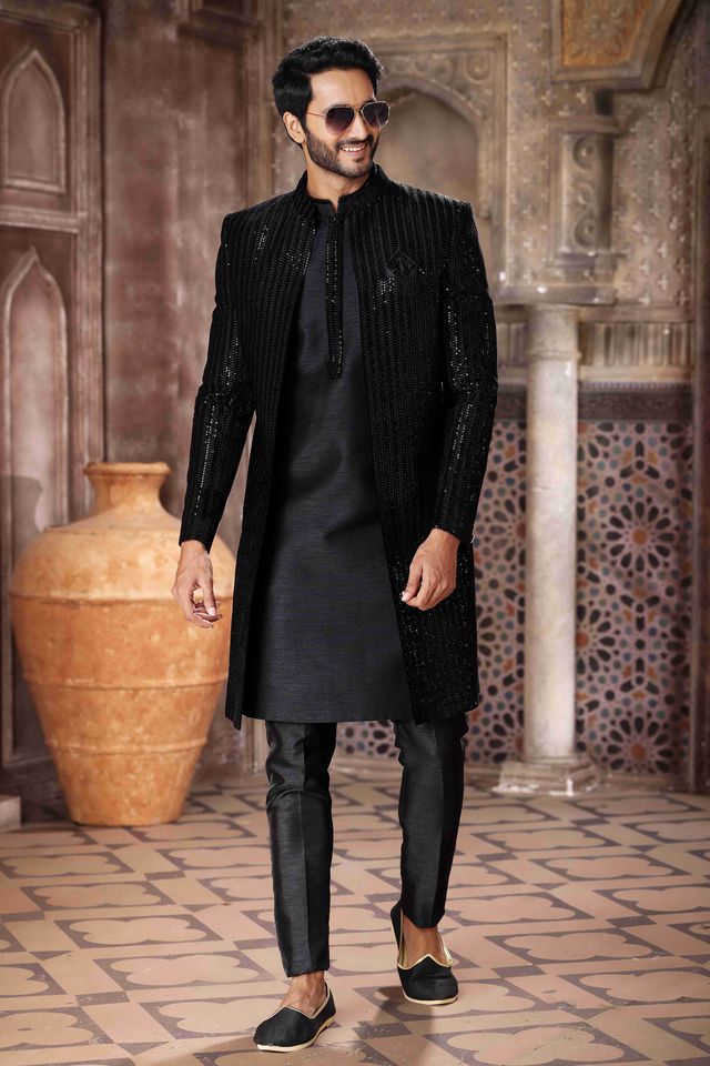 Raivat Ethnic Velvet and Art Silk Embroidery Work 3 Pcs Indo Jacket Set In Black Colour | Grocsy