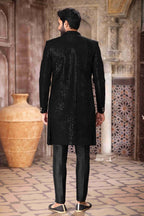 Raivat Ethnic Velvet and Art Silk Embroidery Work 3 Pcs Indo Jacket Set In Black Colour | Grocsy