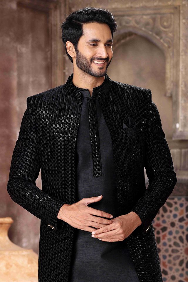 Raivat Ethnic Velvet and Art Silk Embroidery Work 3 Pcs Indo Jacket Set In Black Colour | Grocsy