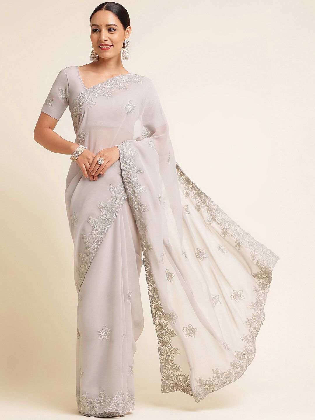 kasee Floral Embroidered Poly Gerogette Saree | Grocsy