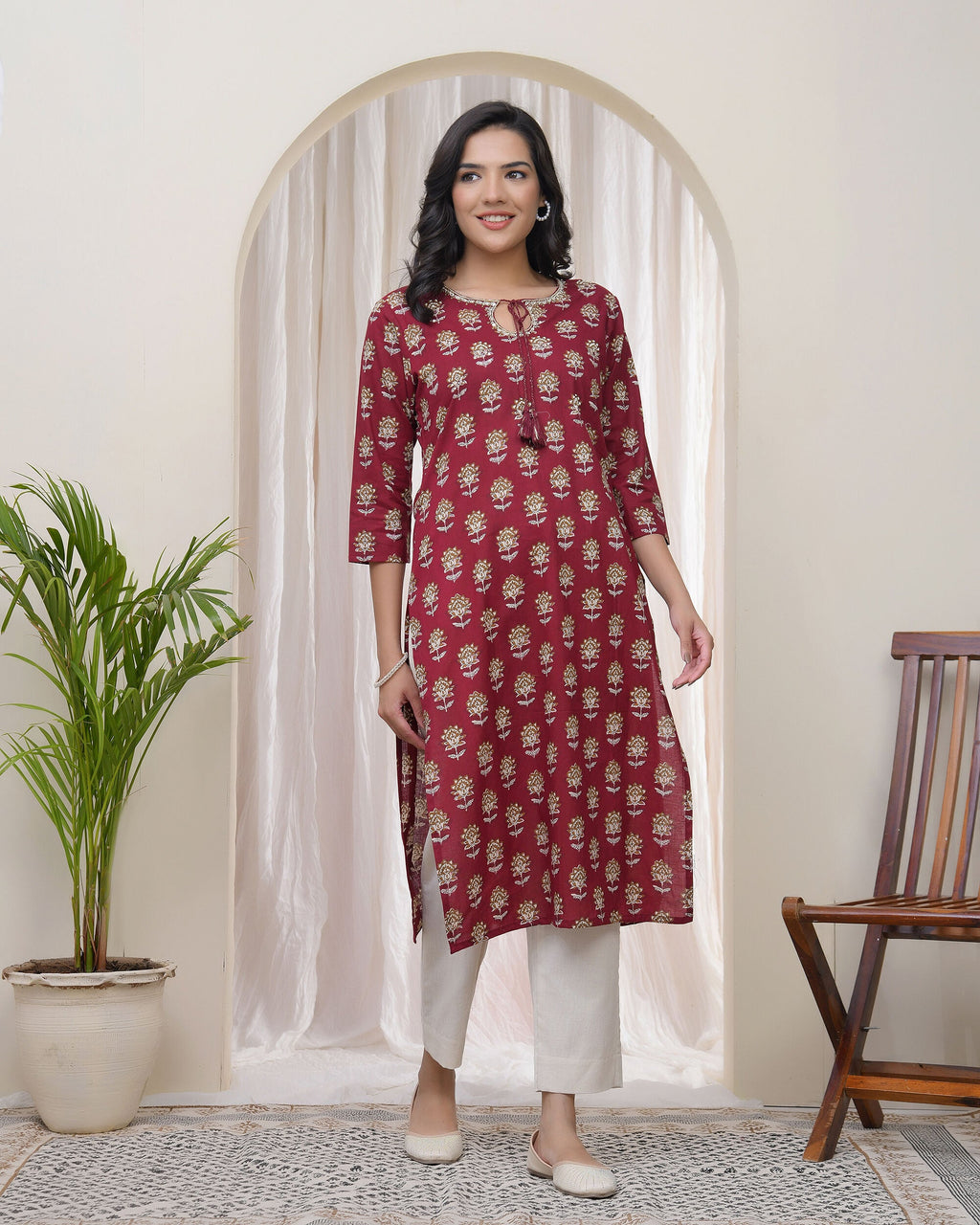 Vaasva Women Maroon Cotton Printed Straight Kurti | Grocsy