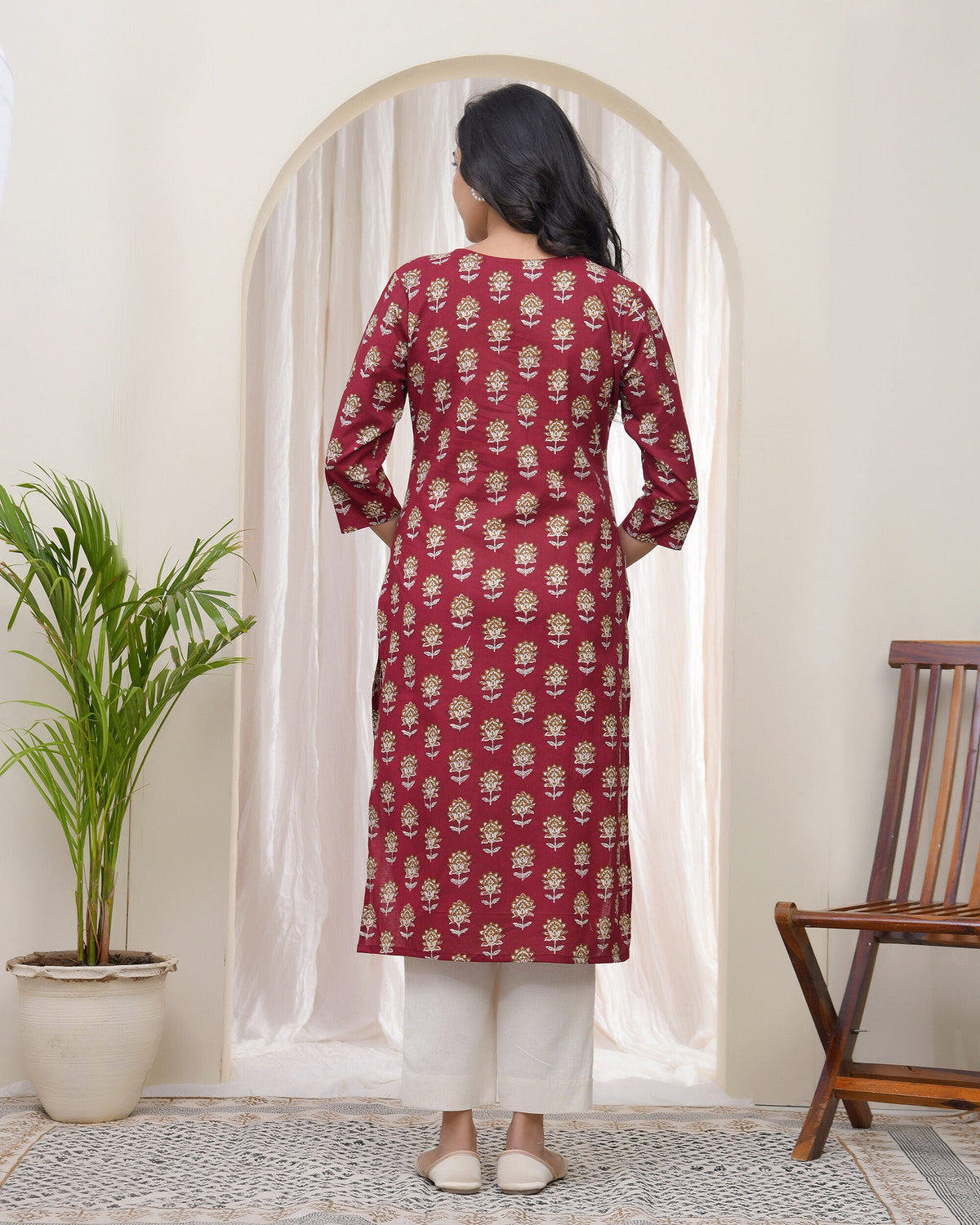 Vaasva Women Maroon Cotton Printed Straight Kurti | Grocsy