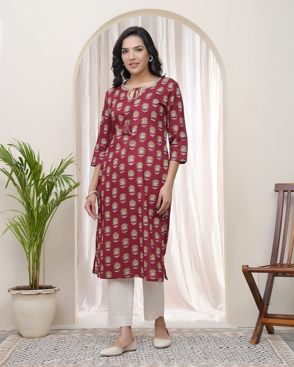 Vaasva Women Maroon Cotton Printed Straight Kurti | Grocsy