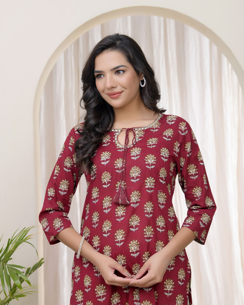 Vaasva Women Maroon Cotton Printed Straight Kurti | Grocsy