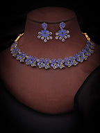 Tehzeeb Creations Luxurious Gold Polished Blue Colour Diamond Choker Necklace Set With Matching Earrings | Grocsy
